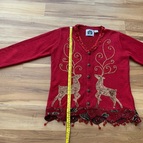 Storybook Knits Button Festive Holiday Reindeer Cardigan Sweater Small Vintage - Picture 7 of 11